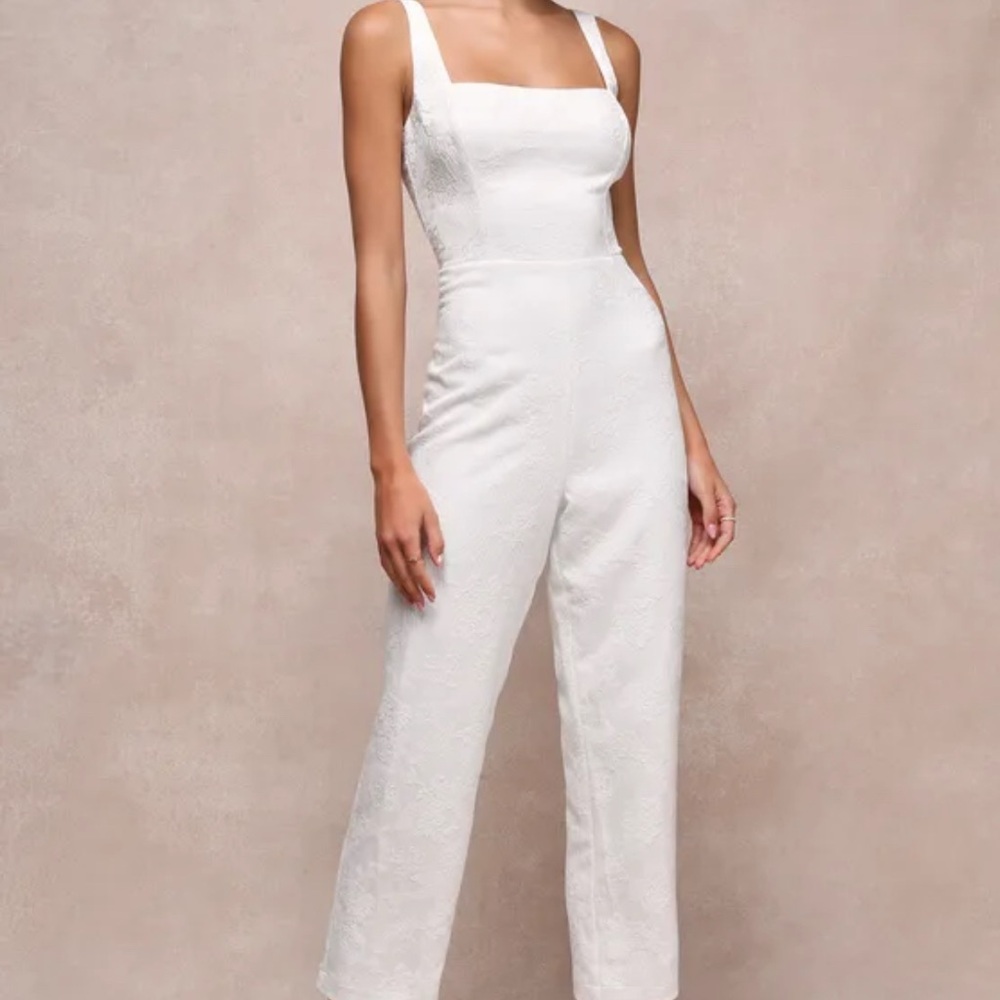 Lulus Exceptional Vision White Jacquard Removable Bow Jumpsuit- Lg